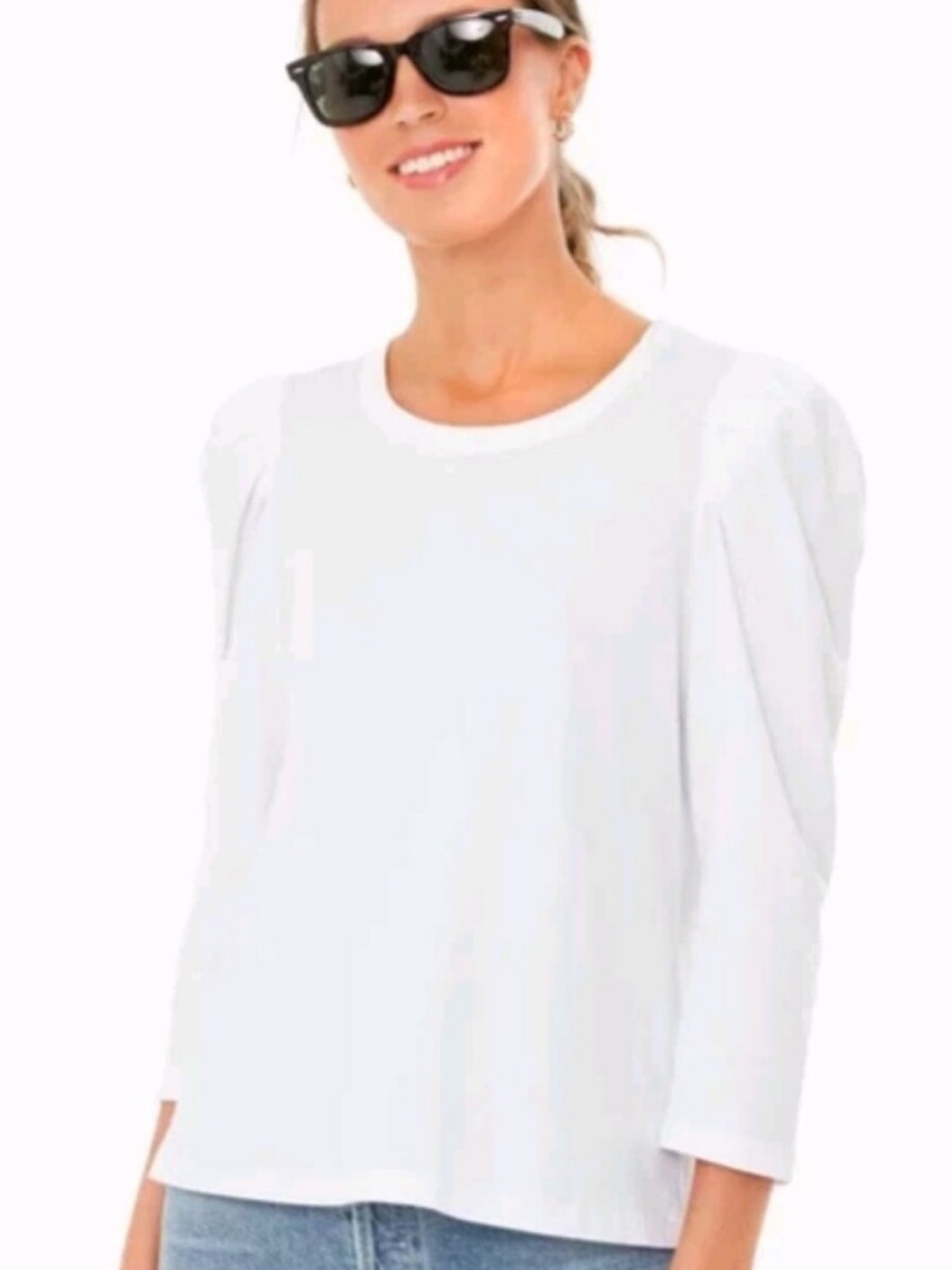 Pomander Place | White Vesty Long Sleeve Puff Shoulder Crewneck Top, Size M